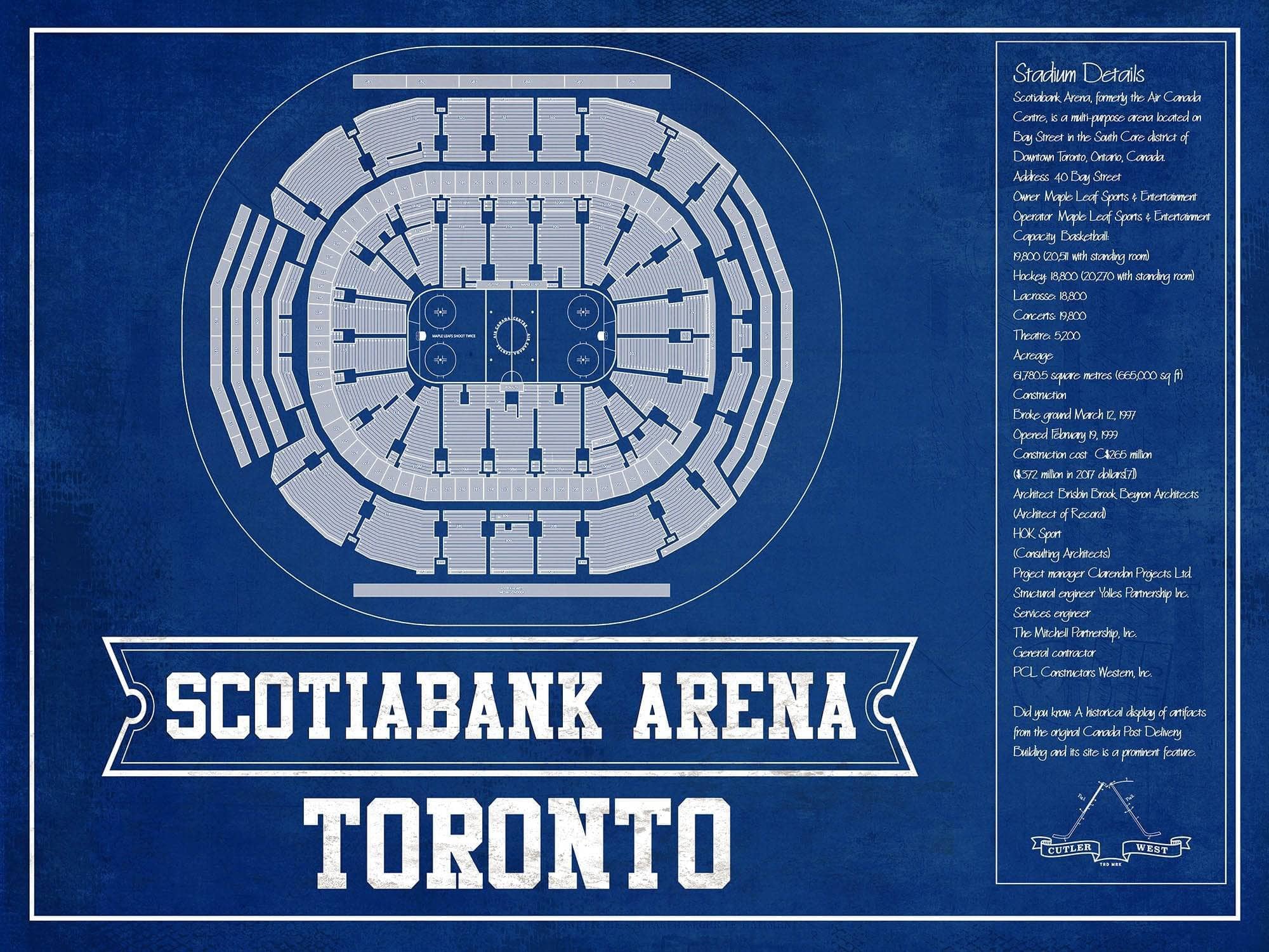 Cutler West 14" x 11" / Unframed Toronto Maple Leafs Team Color - Scotiabank Arena Vintage Hockey Blueprint NHL Print 933350243_81380
