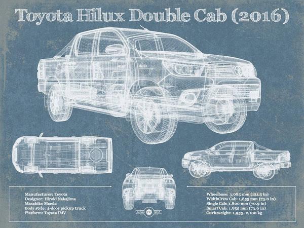 14" x 11" / Unframed Cutler West Toyota Hilux Double Cab (2016) Vintage Blueprint Auto Print