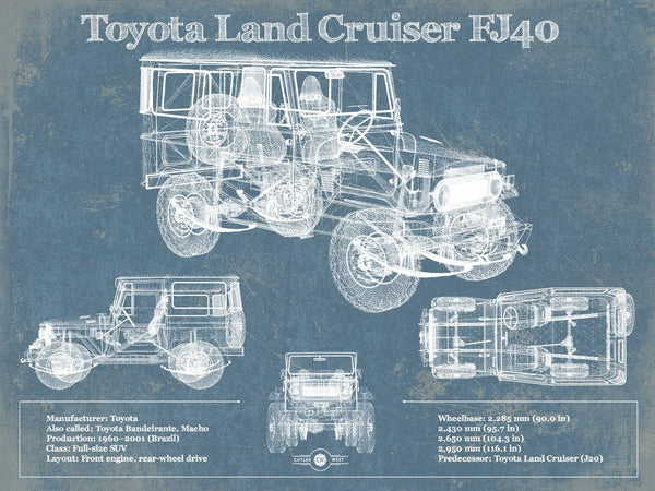 14" x 11" / Unframed Cutler West Toyota Land Cruiser FJ40 Blueprint Vintage Auto Print