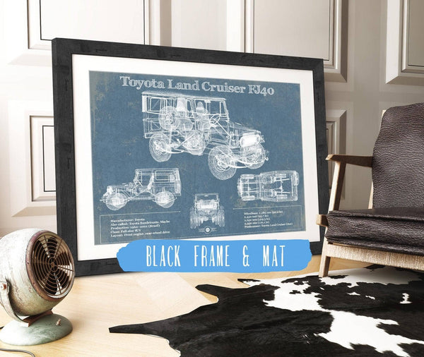 20" x 16" / Black Frame & Mat Cutler West Toyota Land Cruiser FJ40 Blueprint Vintage Auto Print