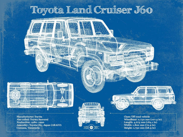 14" x 11" / Unframed Cutler West Toyota Land Cruiser J60 Blueprint Vintage Auto Print