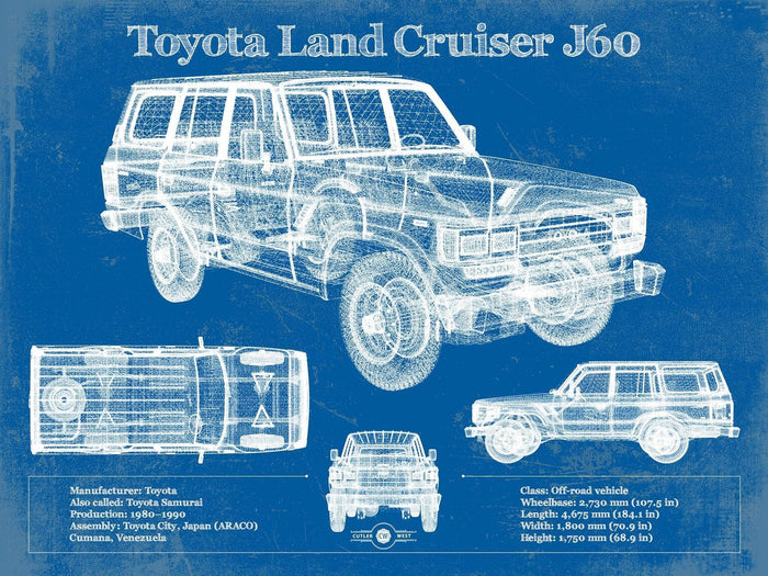 Cutler West Toyota Collection 14" x 11" / Unframed Toyota Land Cruiser J60 Blueprint Vintage Auto Print 933311243140195