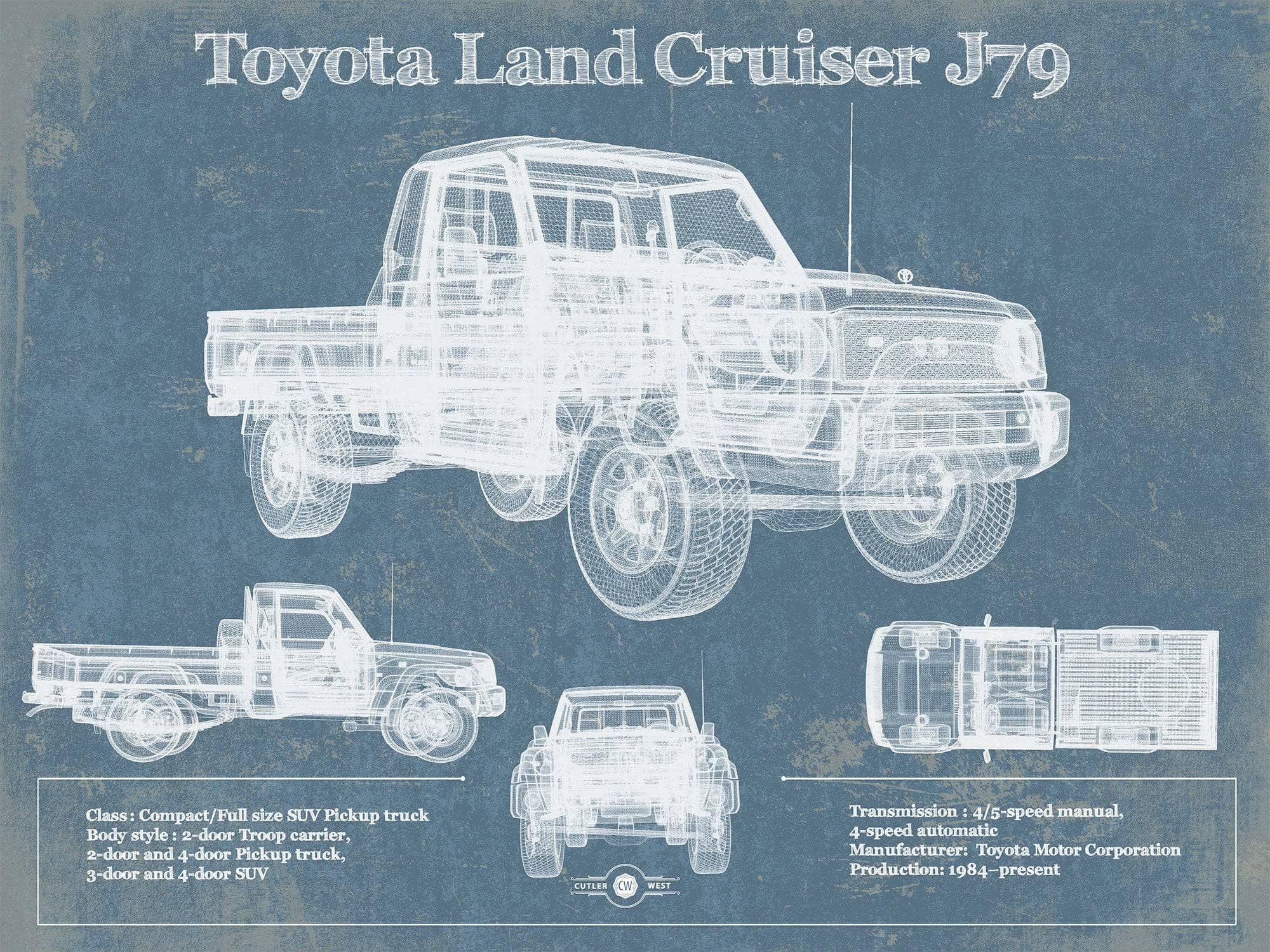 Cutler West Toyota Collection 14" x 11" / Unframed Toyota Land Cruiser J79 Blueprint Vintage Auto Print 845000234_25258
