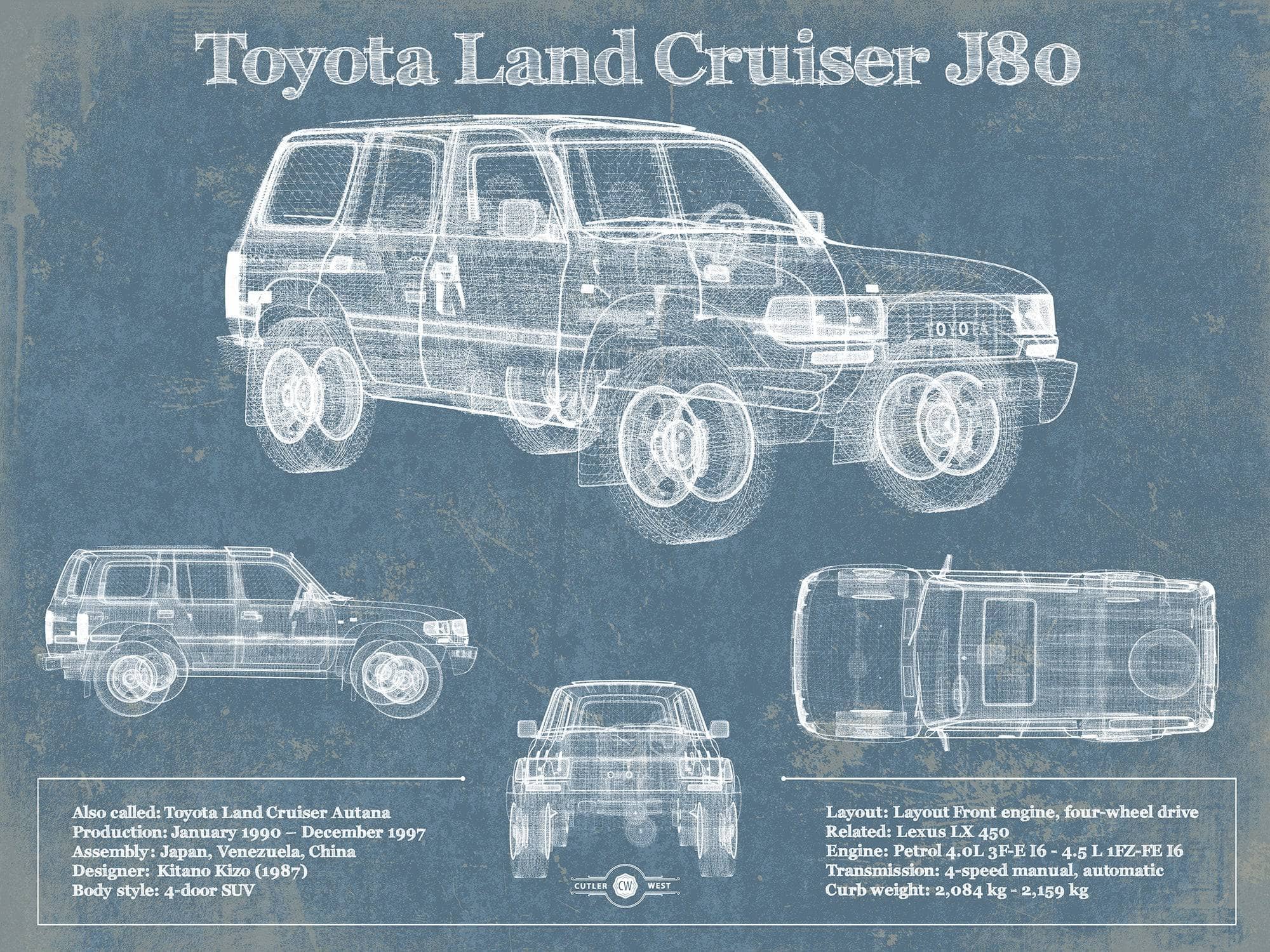 Toyota Land Cruiser J80 Blueprint Vintage Auto Art by Cutler West