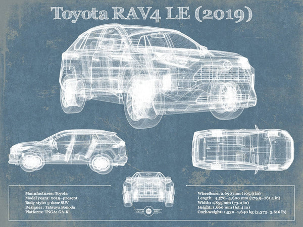 14" x 11" / Unframed Cutler West Toyota RAV4 LE (2019) Blueprint Vintage Auto Patent Print