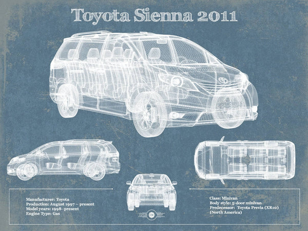 14" x 11" / Unframed Cutler West Toyota Sienna 2011 Blueprint Vintage Auto Print