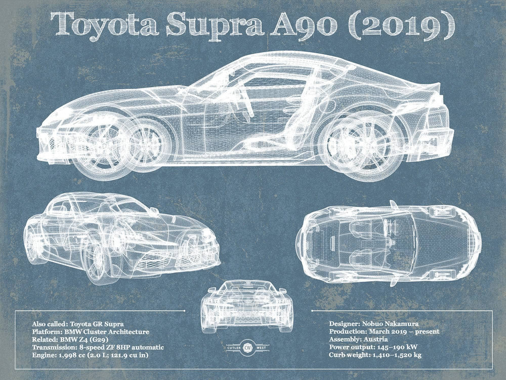 14" x 11" / Stretched Canvas Wrap Cutler West Toyota Supra A90 2019 Blueprint Vintage Auto Print