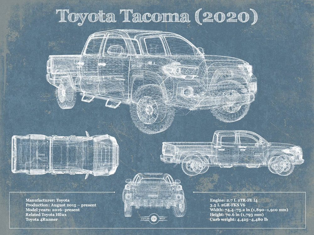 14" x 11" / Stretched Canvas Wrap Cutler West Toyota Tacoma (2020) Vintage Blueprint Truck Print
