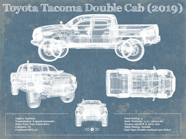 14" x 11" / Unframed Cutler West Toyota Tacoma Double Cab (2019) Vintage Blueprint Auto Print