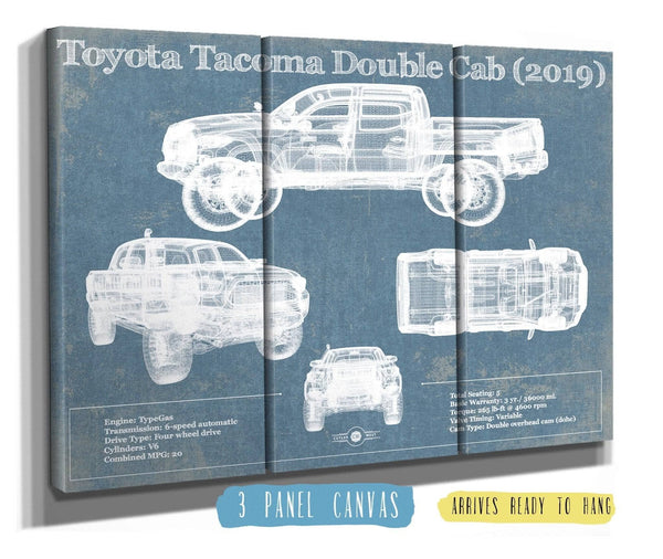 36" x 24" / 3 Panel Canvas Wrap Cutler West Toyota Tacoma Double Cab (2019) Vintage Blueprint Auto Print