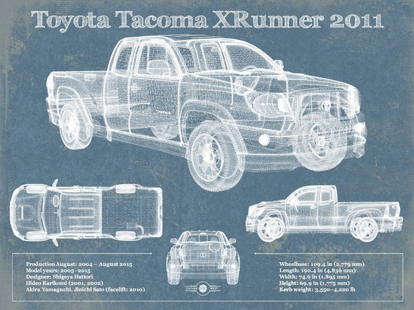 14" x 11" / Unframed Cutler West Toyota Tacoma XRunner 2011 Vintage Blueprint Auto Print
