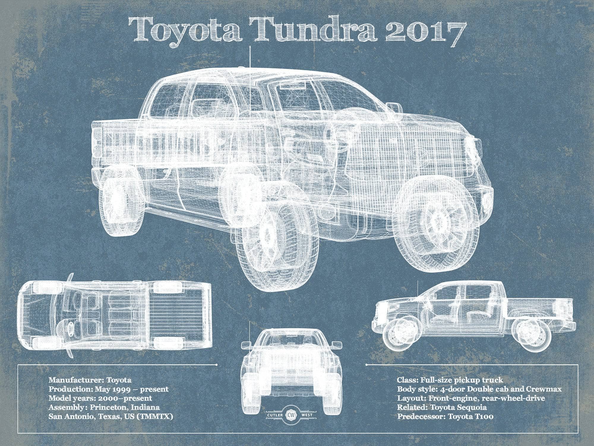 Cutler West Toyota Collection 14" x 11" / Unframed Toyota Tundra 2017 Vintage Blueprint Auto Print 845000301_7387