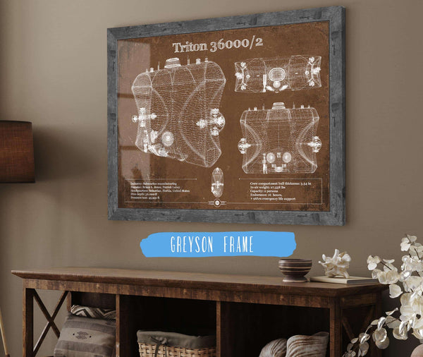 14" x 11" / Greyson Frame Cutler West Triton 36000/2 Submarines Blueprint Patent Original Art