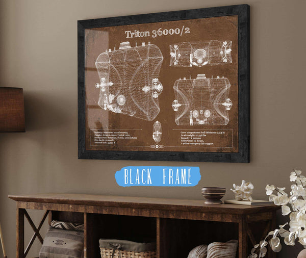 20" x 16" / Black Frame Cutler West Triton 36000/2 Submarines Blueprint Patent Original Art