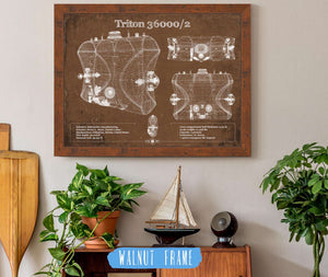 20" x 16" / Walnut Frame Cutler West Triton 36000/2 Submarines Blueprint Patent Original Art