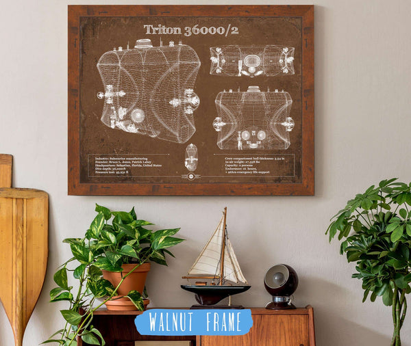 20" x 16" / Walnut Frame Cutler West Triton 36000/2 Submarines Blueprint Patent Original Art