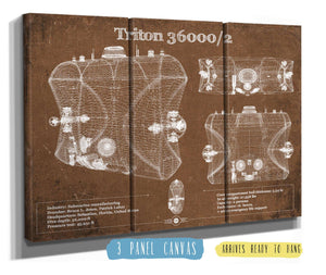 36" x 24" / 3 Panel Canvas Wrap Cutler West Triton 36000/2 Submarines Blueprint Patent Original Art