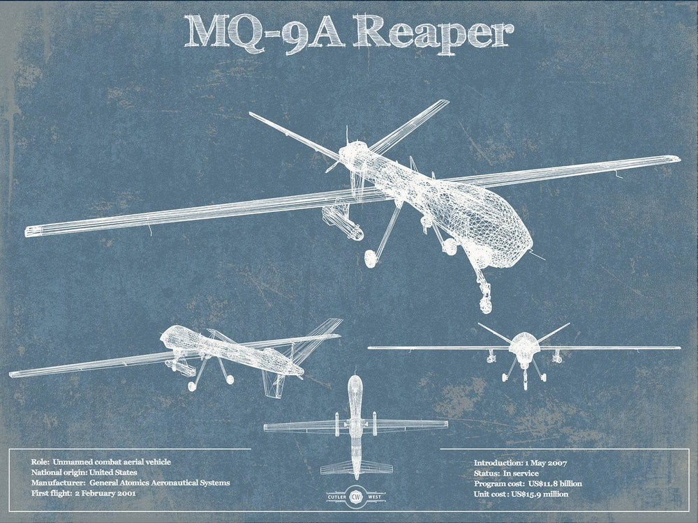 14" x 11" / Stretched Canvas Wrap Cutler West U.S. Air Force MQ-9A Reaper Vintage Aviation Blueprint Military Print