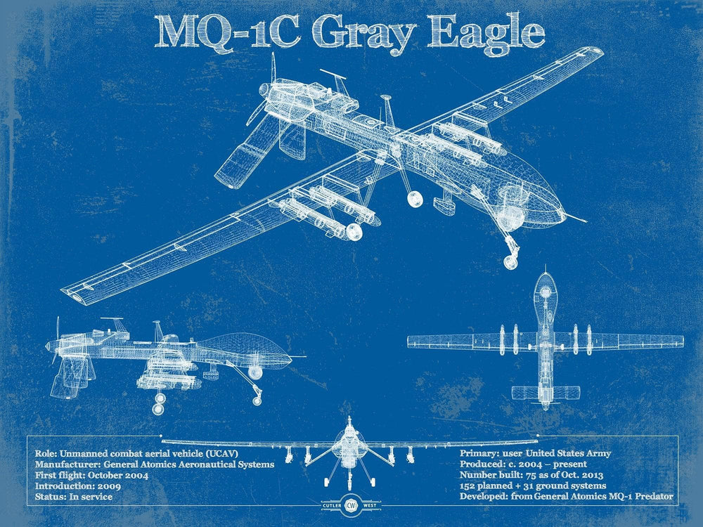 14" x 11" / Stretched Canvas Wrap Cutler West UAV MQ-1C Gray Eagle Vintage Aviation Blueprint Military Print