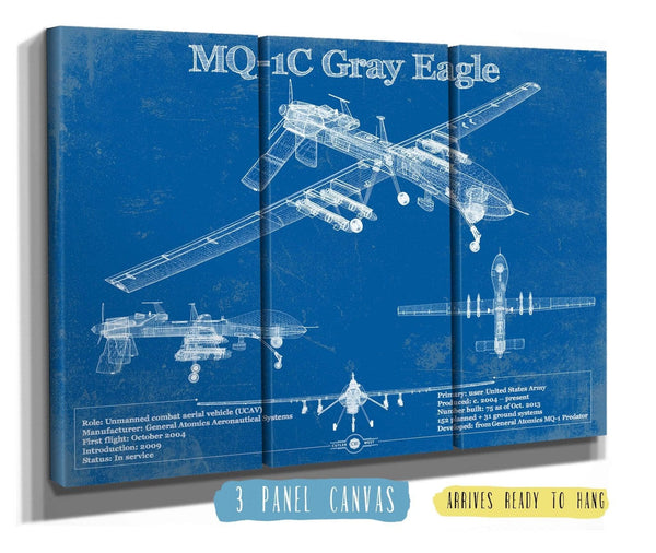 36" x 24" / 3 Panel Canvas Wrap Cutler West UAV MQ-1C Gray Eagle Vintage Aviation Blueprint Military Print