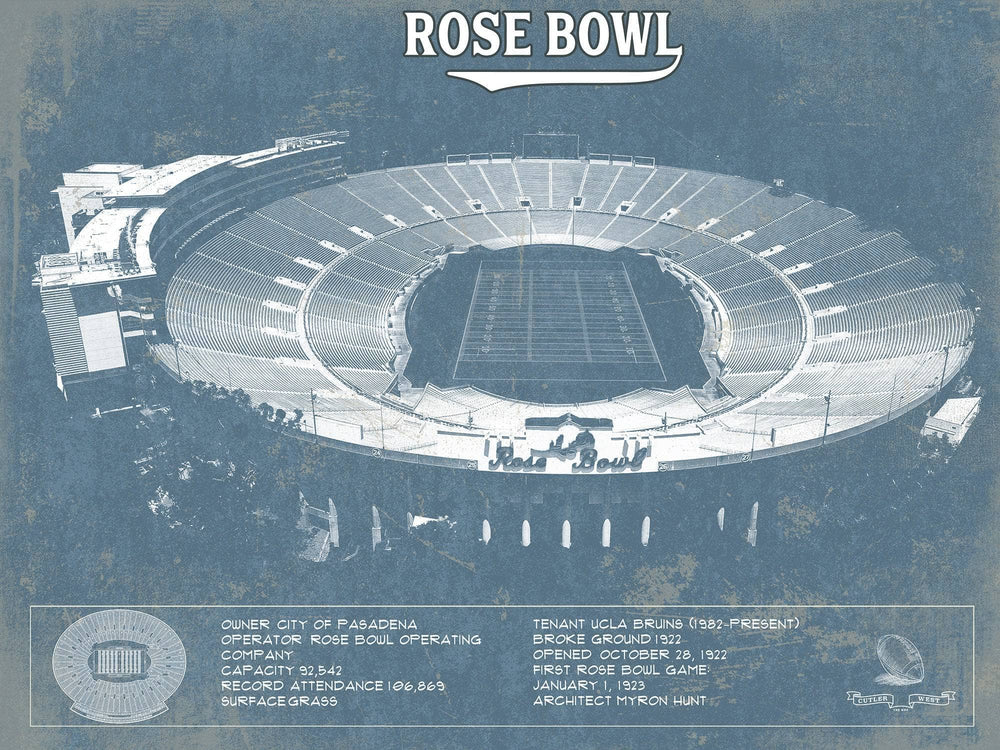 14" x 11" / Stretched Canvas Wrap Cutler West UCLA Bruins Art - Rose Bowl Vintage Stadium Blueprint Art Print