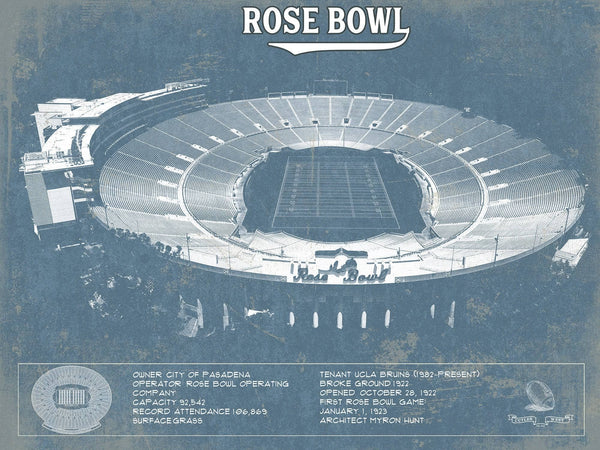 14" x 11" / Unframed Cutler West UCLA Bruins Art - Rose Bowl Vintage Stadium Blueprint Art Print