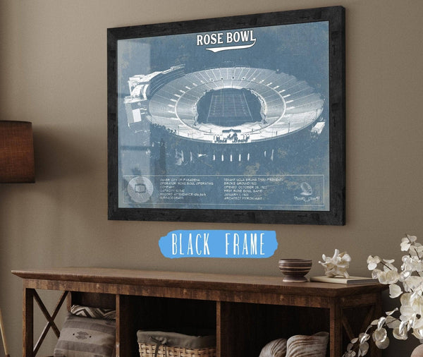 20" x 16" / Black Frame Cutler West UCLA Bruins Art - Rose Bowl Vintage Stadium Blueprint Art Print