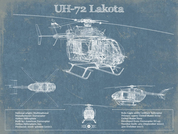 14" x 11" / Unframed Cutler West UH-72 Lakota Helicopter Vintage Aviation Blueprint Military Print