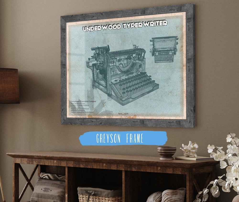 14" x 11" / Stretched Canvas Wrap Cutler West Underwood Typewriter - Vintage Writer Gift Blue Print