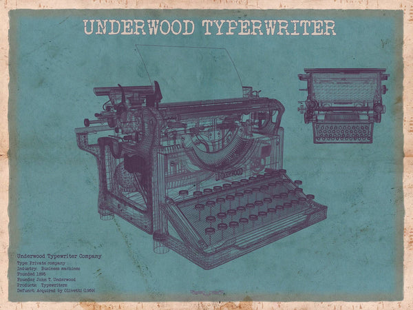 Cutler West Underwood Typewriter - Vintage Writer Gift Blue Print