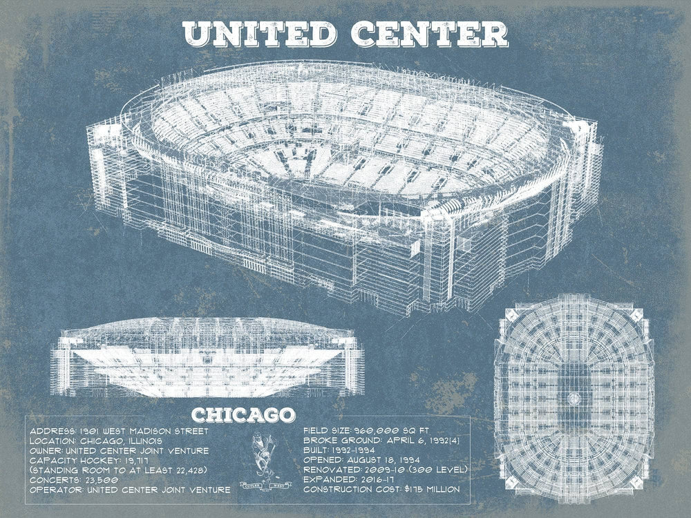 14" x 11" / Stretched Canvas Wrap Cutler West United Center - Chicago Blackhawks Vintage Hockey Print