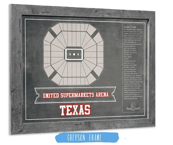 14" x 11" / Greyson Frame Cutler West United Supermarkets Arena - Texas Tech Red Raiders NCAA College Basketball Blueprint Art