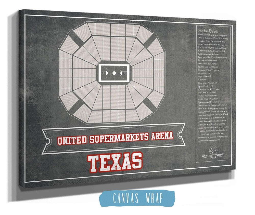 14" x 11" / Stretched Canvas Wrap Cutler West United Supermarkets Arena - Texas Tech Red Raiders NCAA College Basketball Blueprint Art