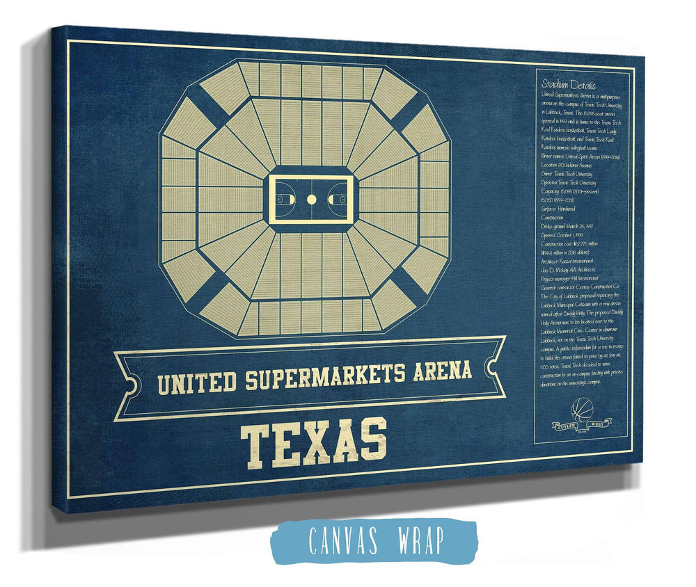 14" x 11" / Stretched Canvas Wrap Cutler West United Supermarkets Arena - Texas Tech Red Raiders NCAA College Basketball Blueprint Art
