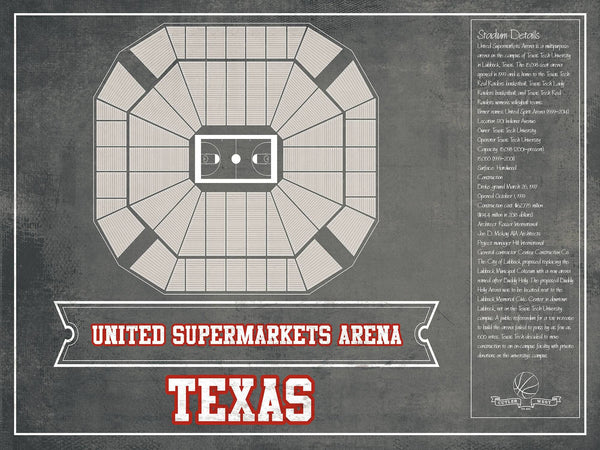14" x 11" / Unframed Cutler West United Supermarkets Arena - Texas Tech Red Raiders NCAA College Basketball Blueprint Art