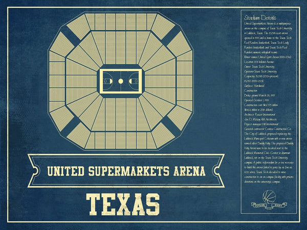 14" x 11" / Unframed Cutler West United Supermarkets Arena - Texas Tech Red Raiders NCAA College Basketball Blueprint Art