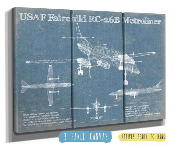 36" x 24" / 3 Panel Canvas Wrap Cutler West USAF Fairchild RC-26B Metroliner Vintage Blueprint Airplane Print