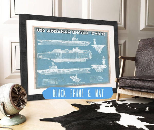 20" x 16" / Black Frame & Mat Cutler West USS Abraham Lincoln (CVN 72) Aircraft Carrier Blueprint Original Military Wall Art - Customizable