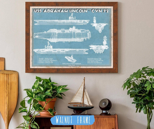 20" x 16" / Walnut Frame Cutler West USS Abraham Lincoln (CVN 72) Aircraft Carrier Blueprint Original Military Wall Art - Customizable