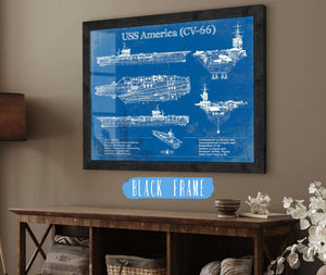 20" x 16" / Black Frame Cutler West USS America (CV-66) Aircraft Carrier Blueprint Original Military Wall Art