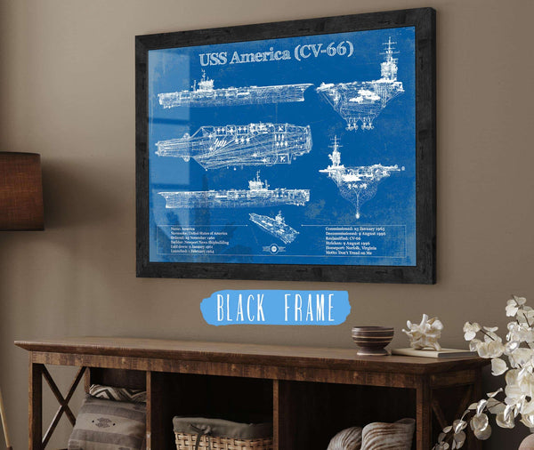 20" x 16" / Black Frame Cutler West USS America (CV-66) Aircraft Carrier Blueprint Original Military Wall Art