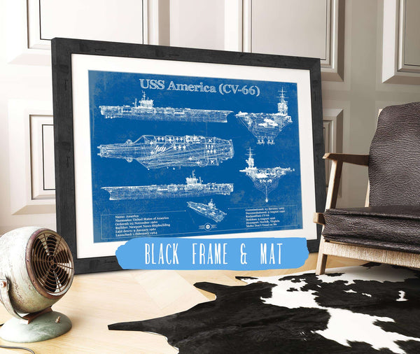 20" x 16" / Black Frame & Mat Cutler West USS America (CV-66) Aircraft Carrier Blueprint Original Military Wall Art