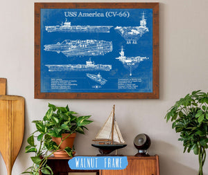 20" x 16" / Walnut Frame Cutler West USS America (CV-66) Aircraft Carrier Blueprint Original Military Wall Art