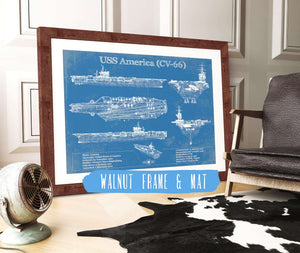20" x 16" / Walnut Frame & Mat Cutler West USS America (CV-66) Aircraft Carrier Blueprint Original Military Wall Art
