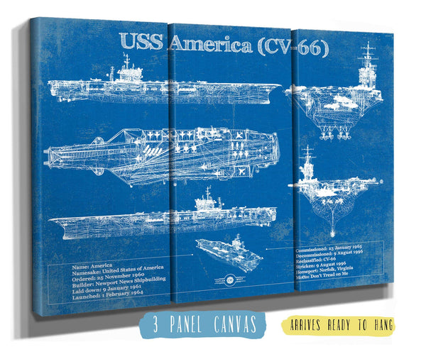 36" x 24" / 3 Panel Canvas Wrap Cutler West USS America (CV-66) Aircraft Carrier Blueprint Original Military Wall Art