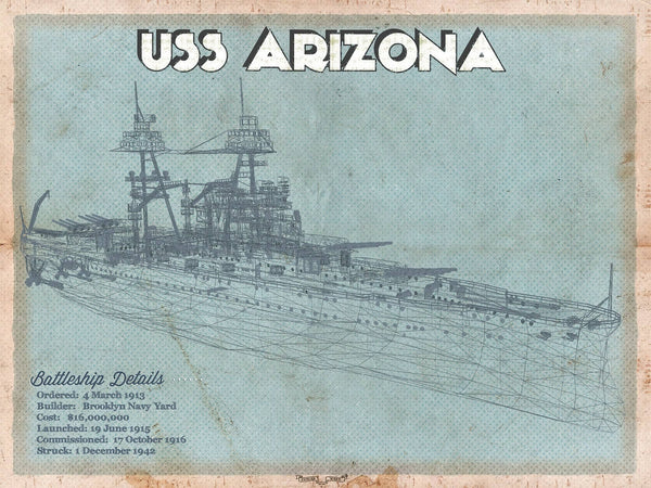 14" x 11" / Unframed Cutler West USS Arizona WWII Battleship Blueprint Military Print