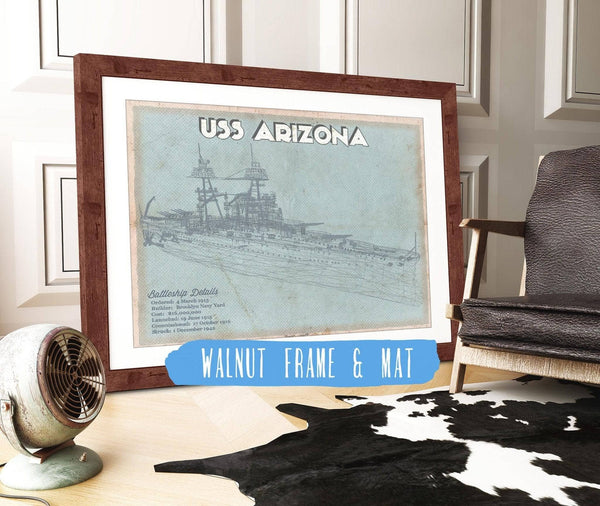 20" x 16" / Walnut Frame & Mat Cutler West USS Arizona WWII Battleship Blueprint Military Print