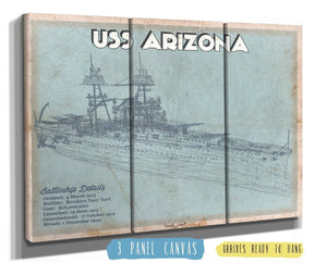 36" x 24" / 3 Panel Canvas Wrap Cutler West USS Arizona WWII Battleship Blueprint Military Print