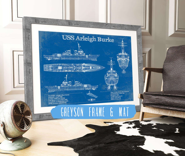 14" x 11" / Greyson Frame & Mat Cutler West USS Arleigh Burke (DDG-51) Arleigh Burke-class Destroyer Blueprint Original Military Wall Art