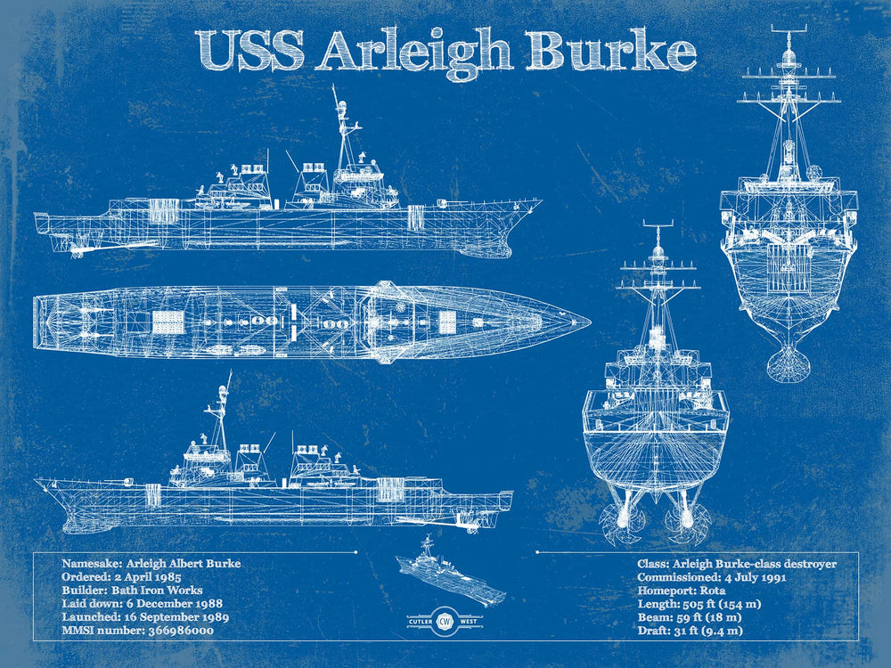 14" x 11" / Stretched Canvas Wrap Cutler West USS Arleigh Burke (DDG-51) Arleigh Burke-class Destroyer Blueprint Original Military Wall Art